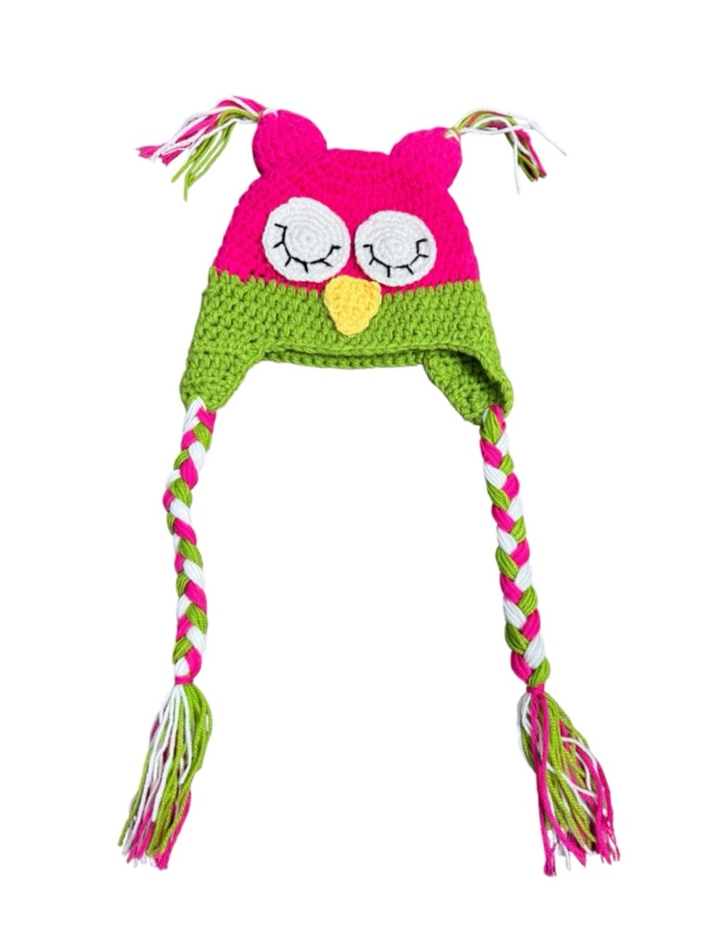 Handmade Baby Owl Hat 6M Pink Green Crochet Beanie Braided Tassels Infant